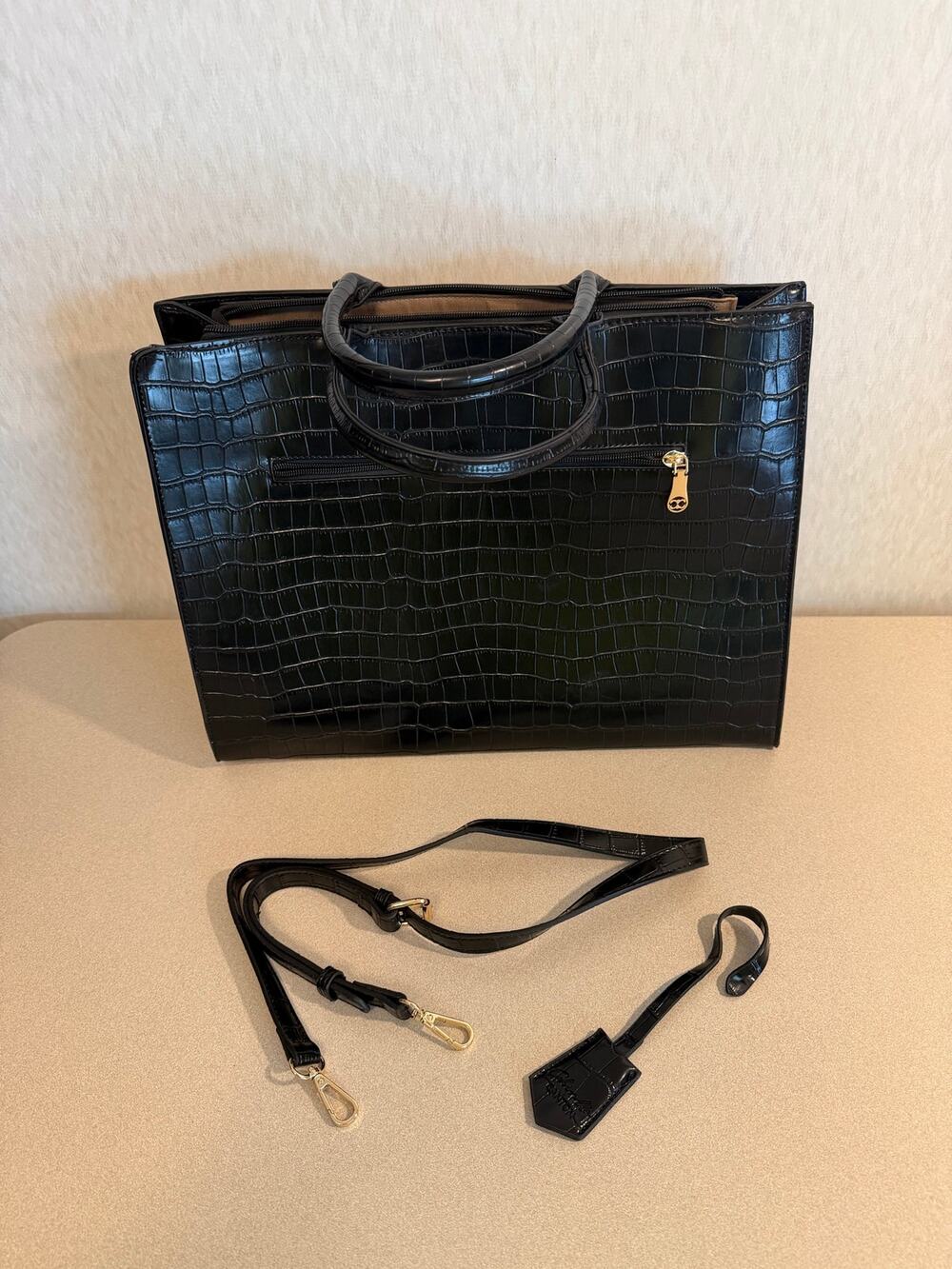 Chinllo Tote Bag Women Black Croc Embossed Faux Leather Top Handle Satchel Purse